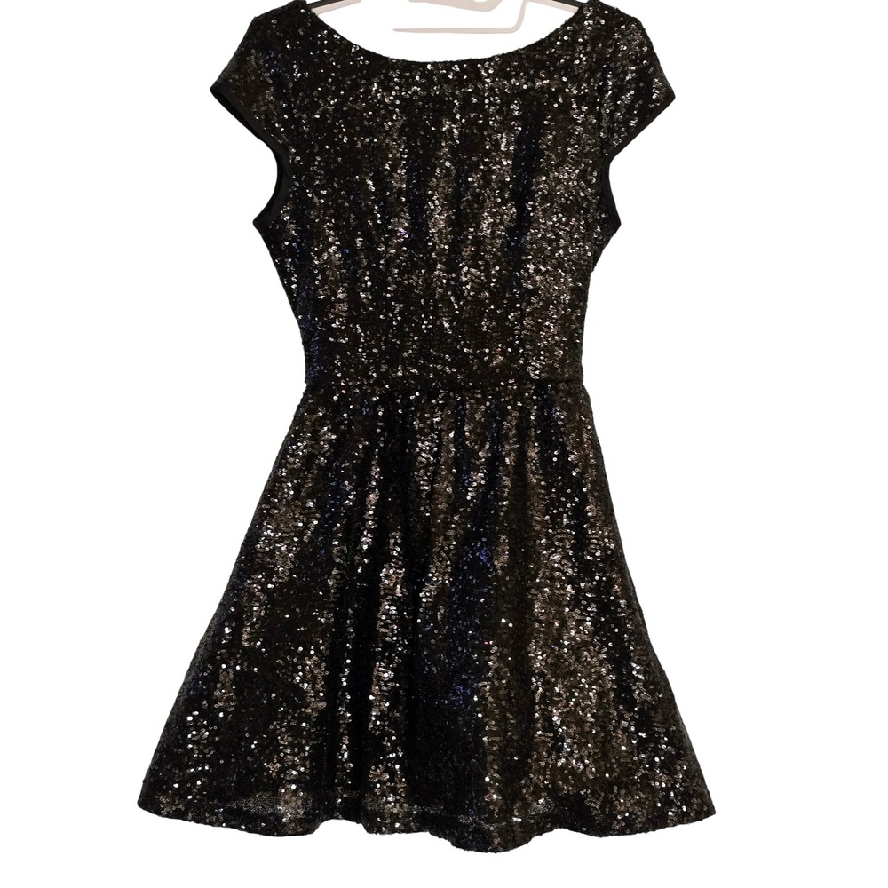 Black Sequin Dress Junior Sz 5/6 Fit &‎ Flare Prom Y2K Party HOCO Glam Pagent